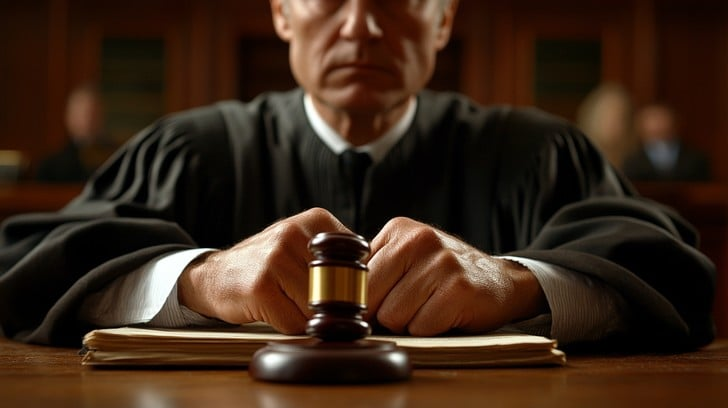 Close-up of a judge's hand resting on a wooden gavel at the bench, illustrating the formal authority and procedural nature of trial proceedings