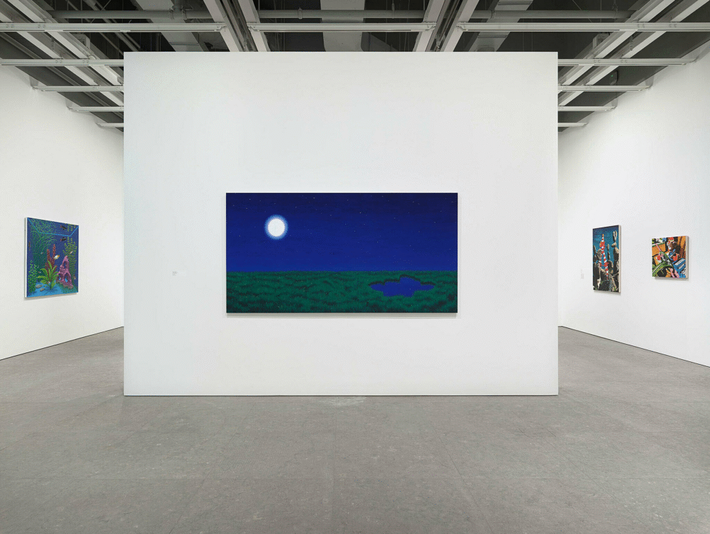 Modern art gallery interior with white walls and track lighting illuminating paintings on display
