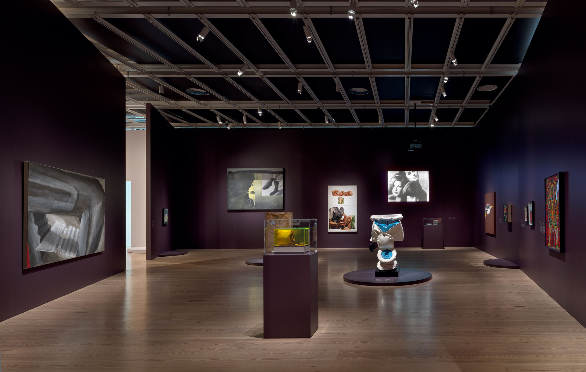 Track lighting system illuminating framed artwork in a contemporary museum gallery with deep-colored walls