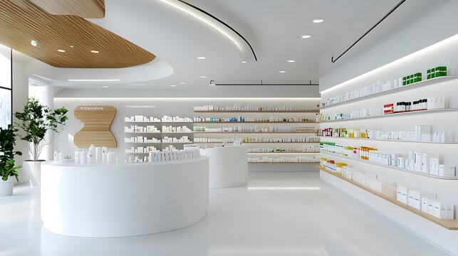 Well-organized pharmacy product display with modern retail lighting