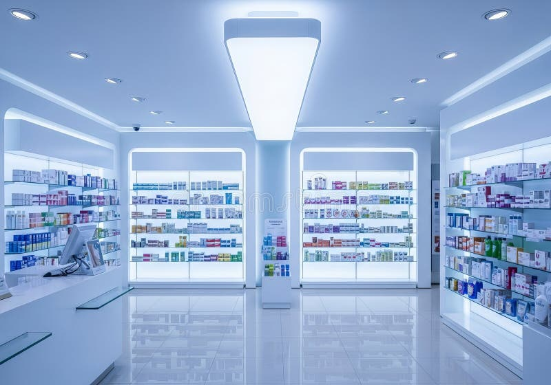 Modern pharmacy interior with organized shelving and bright lighting