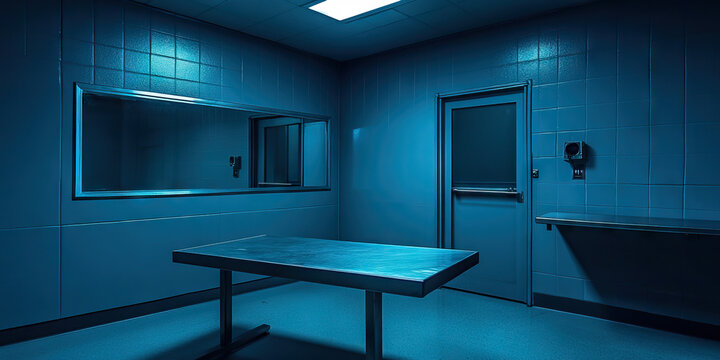 Police interrogation room interior with cold blue lighting, a metal table in the center under a long rectangular ceiling fluorescent light, blue tiled walls, a two-way observation mirror on the left wall, and a metal door on the right with a small communication device mounted next to it, creating a cold austere environment