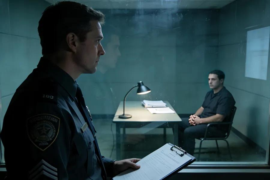 Police interrogation scene with a uniformed officer in dark blue standing outside a glass observation window holding a black folder, while inside the brightly lit interrogation room a man in a black shirt sits at a desk with his hands clasped, papers and a black desk lamp visible on the table, showing the two-way mirror and observation room setup typical of police interview facilities