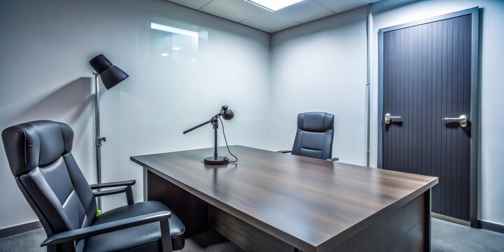Police interview room with a microphone on a long dark wooden desk, two black office chairs, a black floor lamp on the left, and dark gray double doors on the right, with white walls and gray carpet creating a clean professional environment suitable for recorded witness interviews