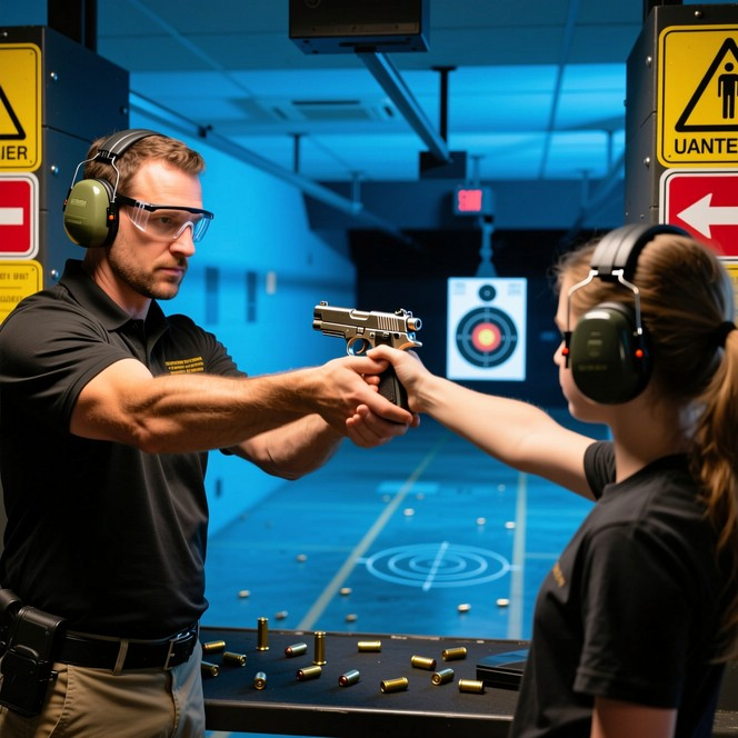 Instructor guiding a new shooter through grip and sight alignment at the firing line booth with target downrange