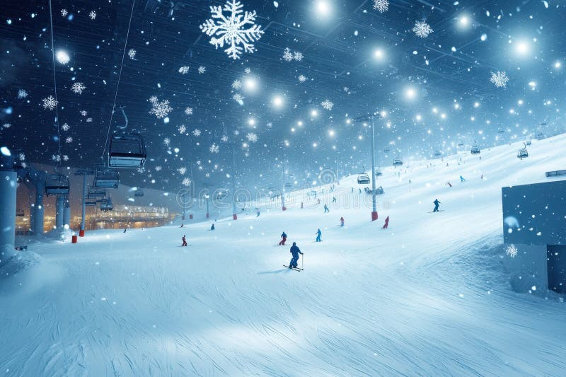 Wide interior view of a professional indoor ski slope with snow surface, overhead lighting rig, and skiers in mid-descent