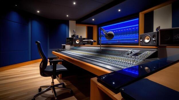 Professional recording studio control room with large mixing console, multiple displays, and warm balanced lighting