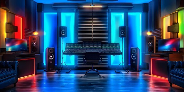 Modern podcast studio setup with LED panel lights and illuminated wall panels for streaming and recording sessions
