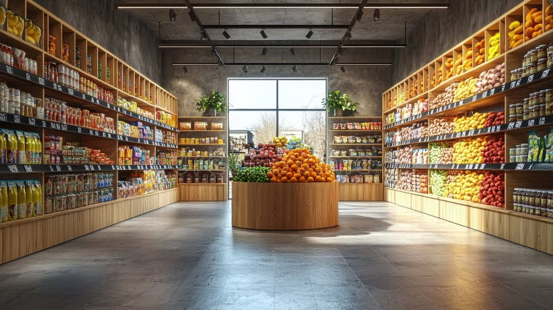 Supermarket aisle with LED overhead lighting