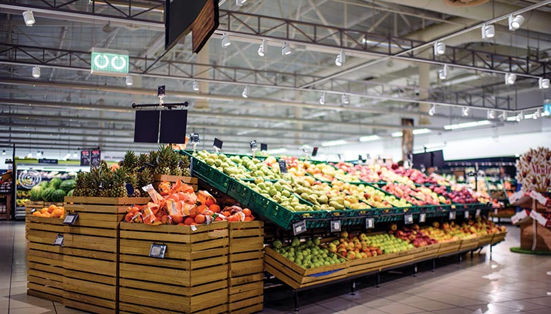 Fresh produce section with tuned LED lighting