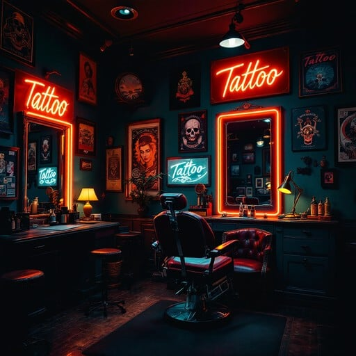 Tattoo studio interior with ambient neon accent lighting