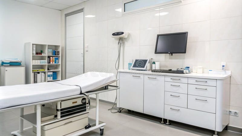 Clean and bright urgent care exam room with white medical examination bed, white cabinets with sink and medical equipment on the right side, light gray tile floor, white ceiling with embedded LED panels, and a small monitor on the wall creating a sterile professional environment with even illumination across the space