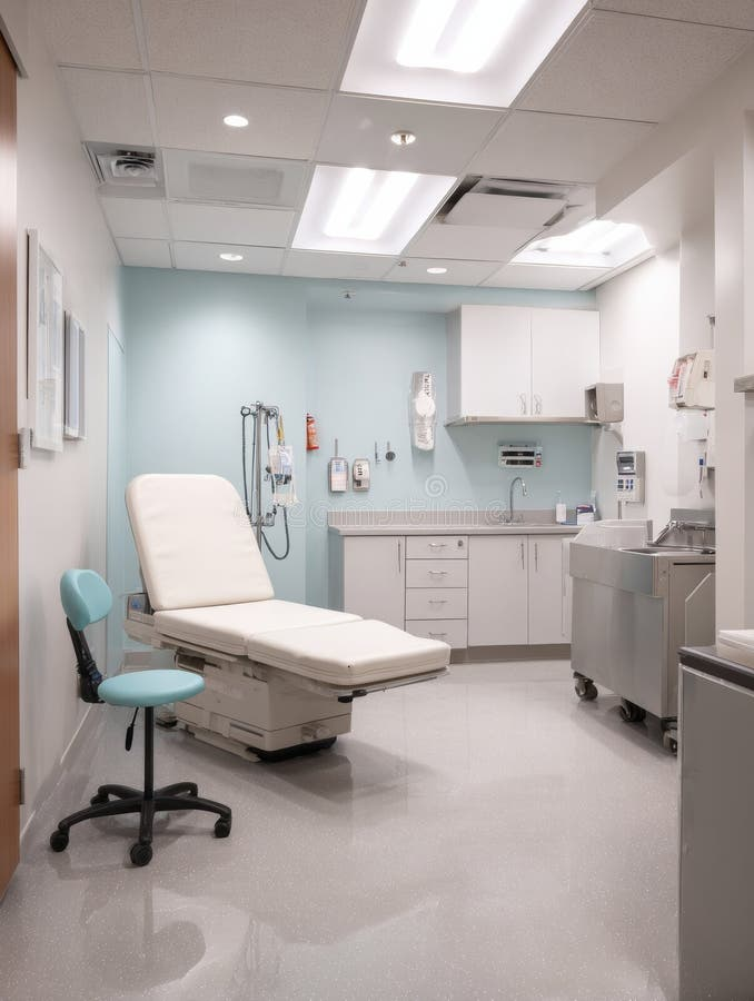 Modern urgent care exam room interior with white medical examination bed in the center under adjustable exam light, light blue walls, white cabinets with sink and medical equipment, light gray anti-slip floor tiles, and ceiling LED panel providing bright clean illumination in a sterile professional medical environment