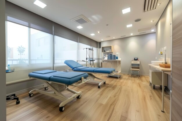Wide view of an urgent care exam room with two treatment beds under adjustable medical lights, light wood floor, large windows with gray roller blinds, white ceiling with square LED panels and round downlights, sink and counter area, and green plants adding a calm professional atmosphere to the medical space