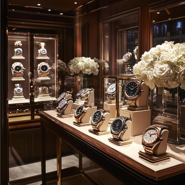 Wide view of a luxury watch boutique floor with multiple display showcases arranged in the central area, dark wood and gold accents, transparent glass cases displaying timepieces, white and gold display cushions, fresh white flower arrangements in glass vases, and ambient lighting that highlights the watches against a darker sophisticated retail background