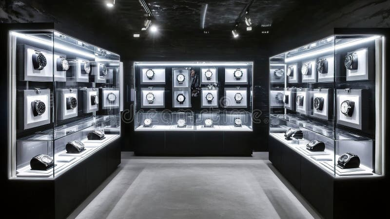 Wall-mounted watch display showcases in a luxury watch boutique, with multiple timepieces mounted on white and light-colored backings under individual spotlights, dark wood and metal framing around the display cases, and focused lighting that creates a museum-quality presentation of the watches