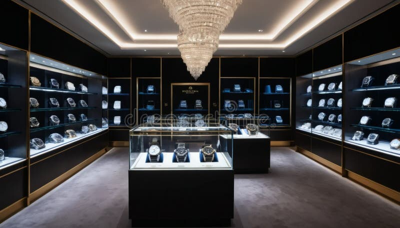 Luxury watch boutique with tall glass display vitrines on both sides containing multiple timepieces under internal lighting, two central black display pedestals with glass covers showcasing individual watches, light gray carpeted floor, dark ceiling with crystal chandelier and recessed lighting creating a sophisticated high-end retail atmosphere with focused illumination on the timepieces