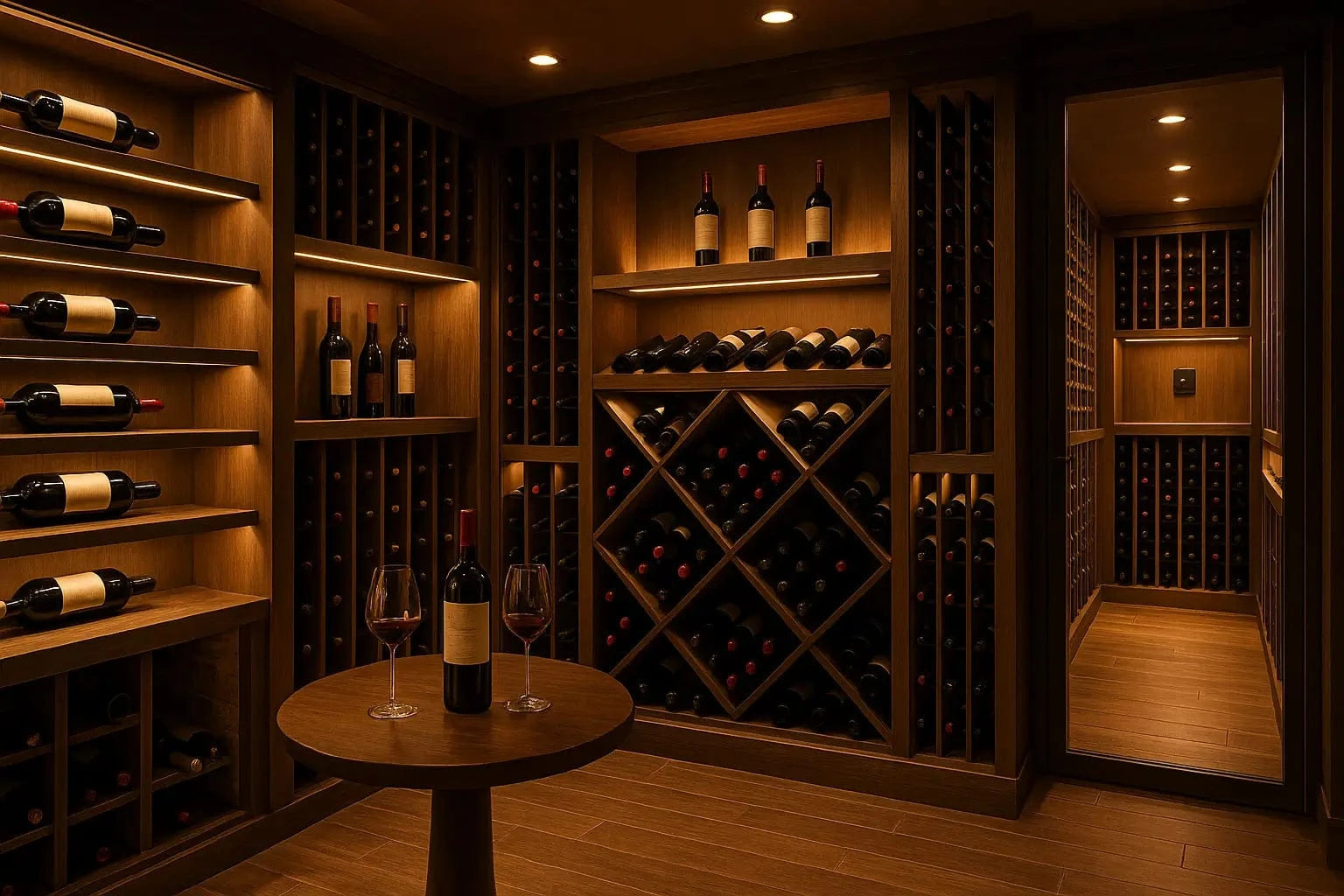 Wine cellar display with warm LED lighting illuminating bottle labels